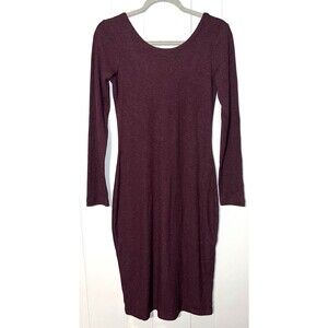 Chaser Burgundy Long Sleeve Ribbed Dress Open Back Round Neck - Size Small